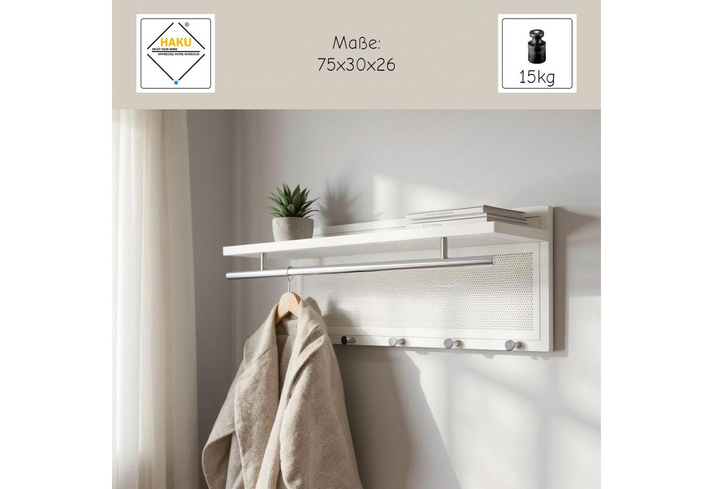 HAKU Wandgarderobe (1 St), rechteckig- aus Textil Grau - B/T/H 60/50/173 cm – Bild 3 von 5