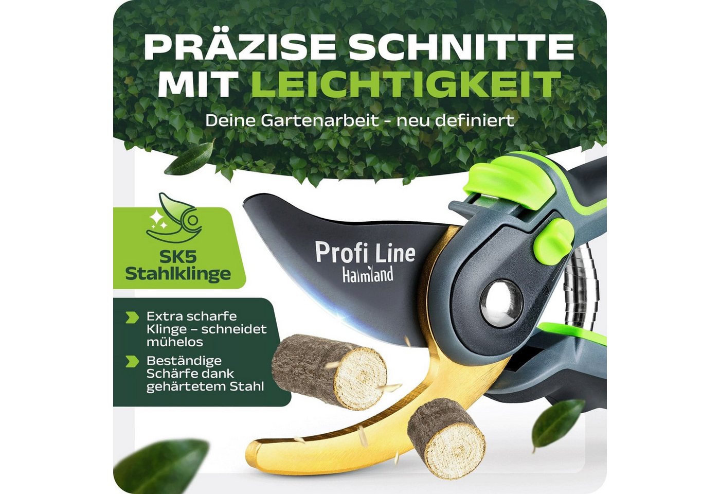 halmland Gartenschere Profi-Gartenschere Bypass SK5 Stahlklinge grün scharf – Bild 2 von 5