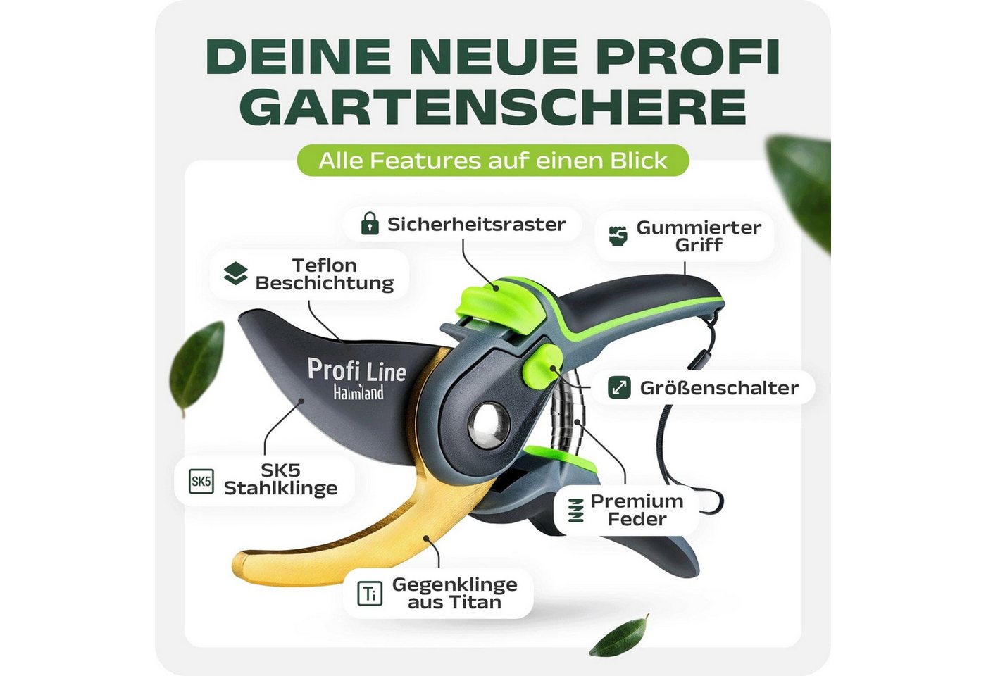 halmland Gartenschere Profi-Gartenschere Bypass SK5 Stahlklinge grün scharf – Bild 4 von 5