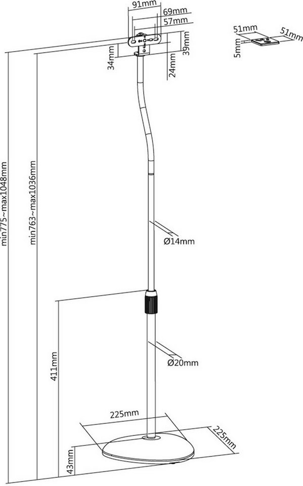 HALTERUNGSPROFI Lautsprecherständer S05 schwarz, (Höhenverstellbar, Spikes, Bodenschoner, verschiedene Montageoptionen) – Bild 2 von 5