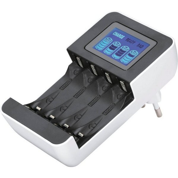 Hama Akku Ladegerät für Batterien, geeignet für Typ AA und AAA NiMH Akku-Ladestation (450 mA, 1-tlg., Mit LCD Display, 4-Schacht, Verpolungsschutz, Akku Defekte