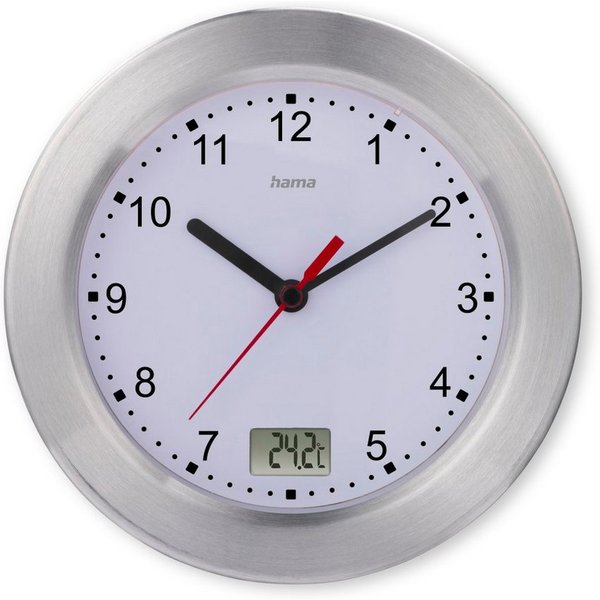 Hama Badezimmeruhr Wanduhr "Mauritius", ohne Ticken, Ø 17 cm, Silber (mit Thermometer, geräucharm)