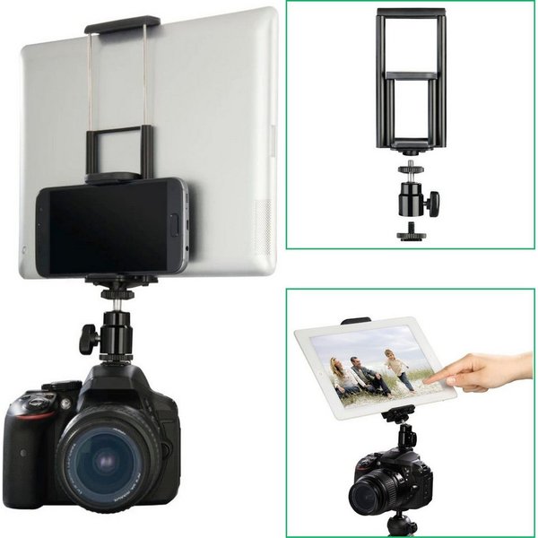 Hama Blitzschuh-Adapter 1/4" + Smartphone Tablet Halter Kamerastativ (2in1 Halterung Stativ Kugelkopf Kaltschuh Aufsatz Kamera DSLR SLR)