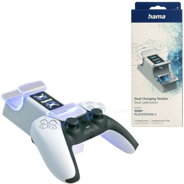 Hama Dual Ladestation für Sony PS5 Wireless Controller Controller-Ladestation (Set, Docking-Station, USB Ladegerät Docking Dock Standfuß Lader 2x Port Ladeanzei
