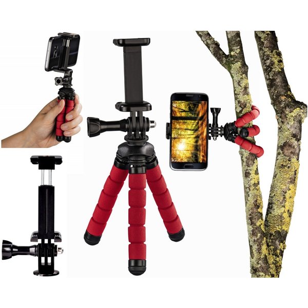 Hama Flex Flexibles Mini-Stativ 14cm Tripod Rot Kamerastativ (Beine mit 360°-Biegung Smartphone-Halterung und für GoPro ActionCam)