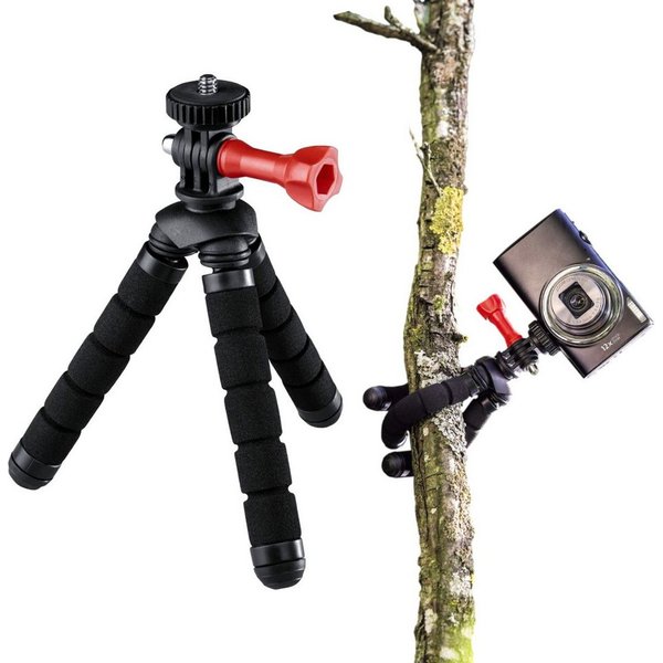 Hama Flex Flexibles Mini-Stativ 14cm Tripod Schwarz Kamerastativ (Beine mit 360°-Biegung Kamera 1/4" Anschluss und für GoPro ActionCam)