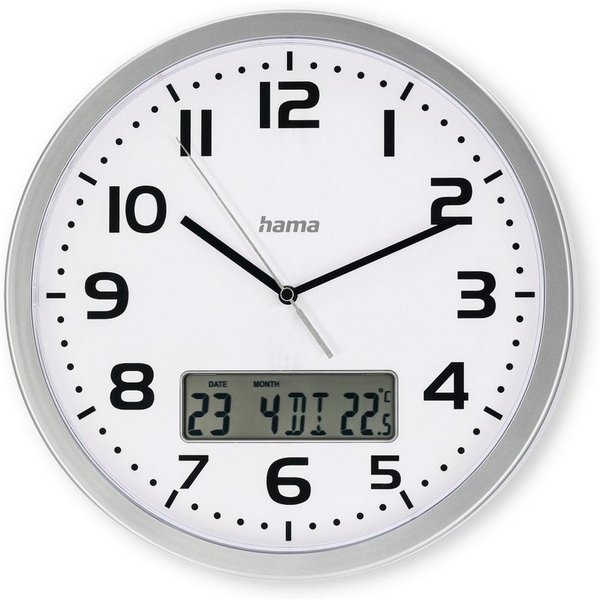 Hama Funkwanduhr DCF-Funkuhr "Moorea", Ø 30 cm, Silber (Datums- und Temperaturanzeige)