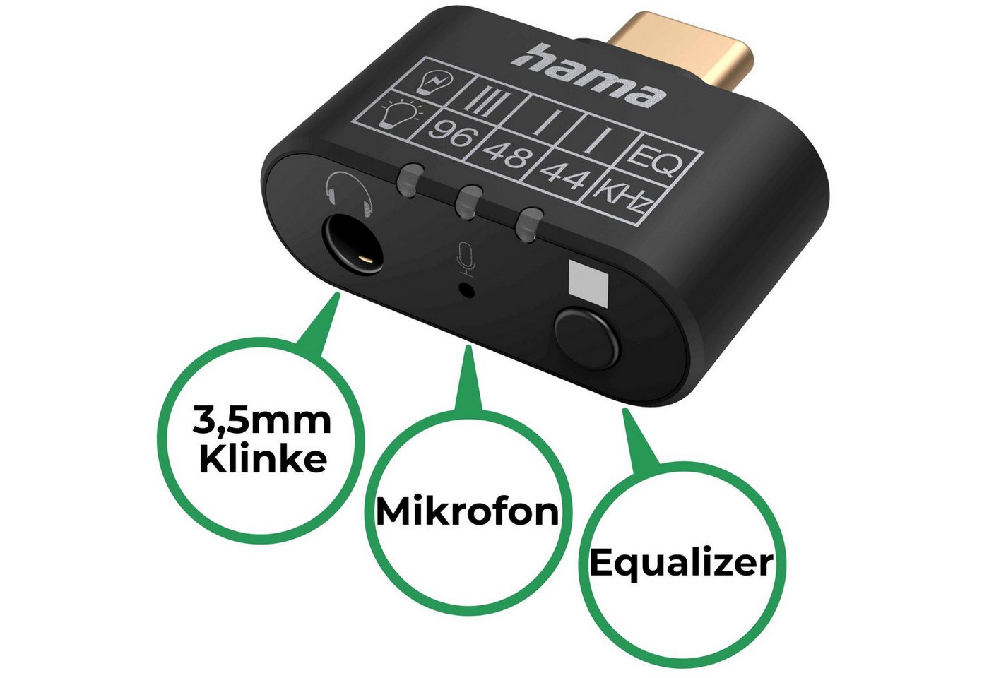 Hama HiFi Audio-Adapter USB-C auf 3,5mm Klinke EQ USB-Adapter USB-C zu 3,5mm Klinke, AUX + Equalizer + Mikrofon für Handy Smartphone Tablet PC Notebook – Bild 2 von 5