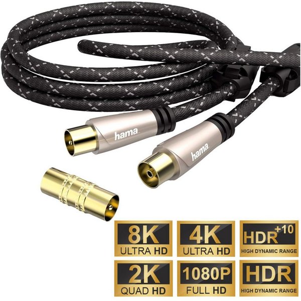 Hama HQ 1,5m Antennen-Kabel 120db Koaxial-Kabel Braun Video-Kabel, Koaxial, Koaxial (150 cm), Koax-Kabel Full HD TV 8K 4K UHD HD+ HDR 120 db Ferrit-Filter