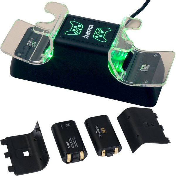 Hama Ladestation für XBOX Serie X S Wireless Controller Controller-Ladestation (Docking + 2x Akku, Spar-Set, USB Ladegerät Docking Dock Standfuß Lader 2x Port L
