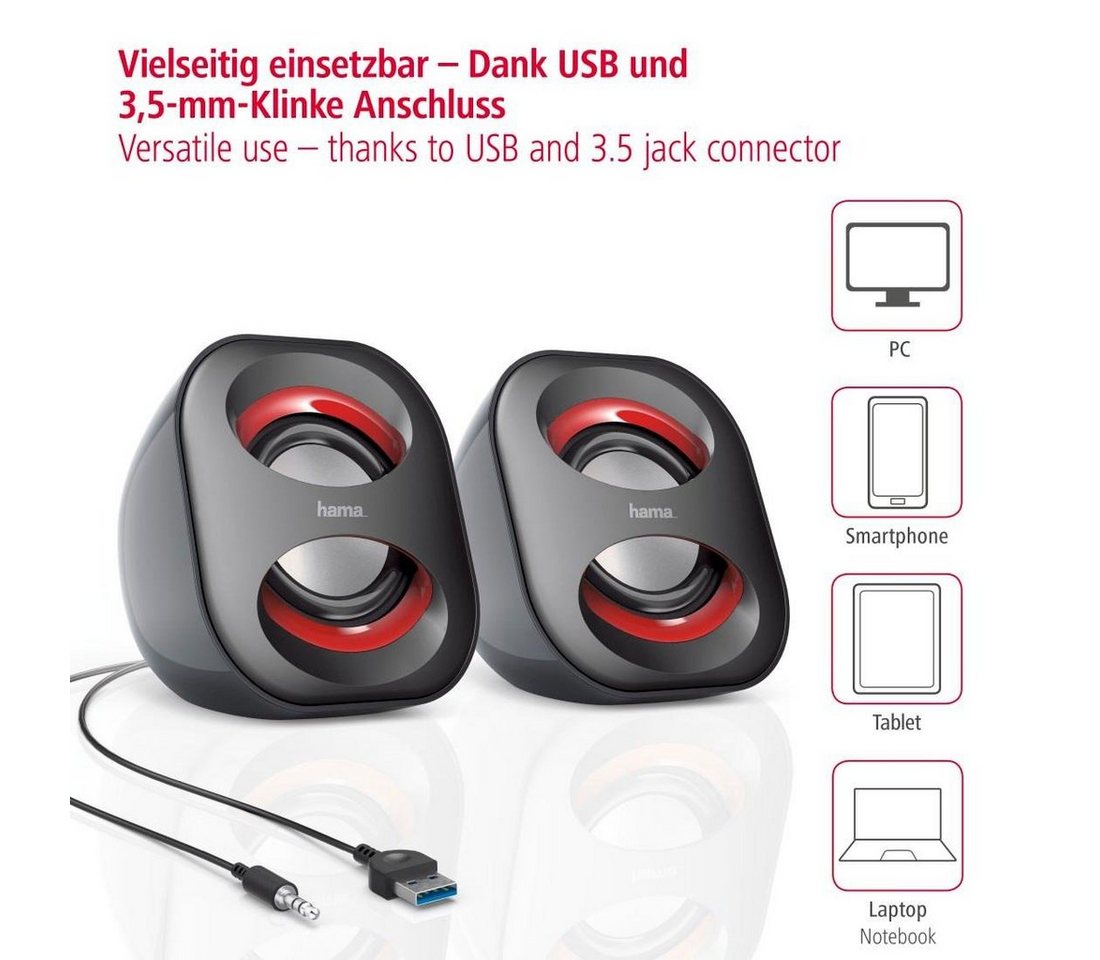Hama Lautsprecher für PC Notebook Tablet- 3,5 mm Klinke USB 3.0 3 W aktiv PC-Lautsprecher (kabelgebunden, 3 W) – Bild 2 von 5