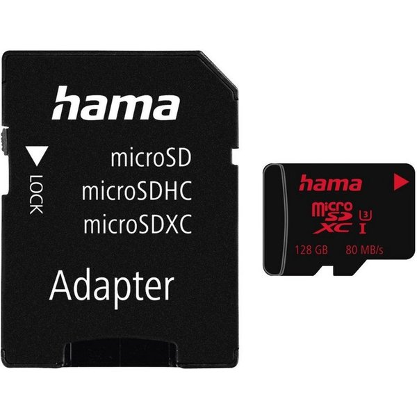 Hama microSD Karte, Memory Pro 4K, +Adapter/Foto, UHS Speed C3 UHS-I 80MB/s Speicherkarte (128 GB, Video Speed Class 30 (V30)/UHS Speed Class 3 (U3), 80 MB/s Le