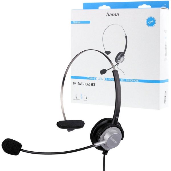 Hama Mono Headset Kopfhörer 2,5mm Klinke Kopfbügel Smartphone-Headset (Universal, Mikrofon, Lautstärkeregelung, etc, Kein, Universal Klinken-Stecker passend für