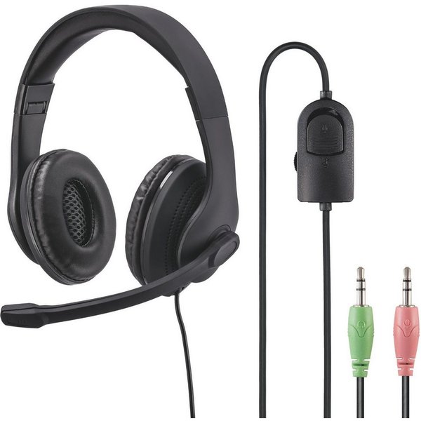 Hama Office Over-Ear Headset 2x 3,5mm Stereo Schwarz PC-Headset (Mikrofon, PC Büro Kophörer Mikrofon Mikro Kopfbügel 2m Kabel Fernbedienung)