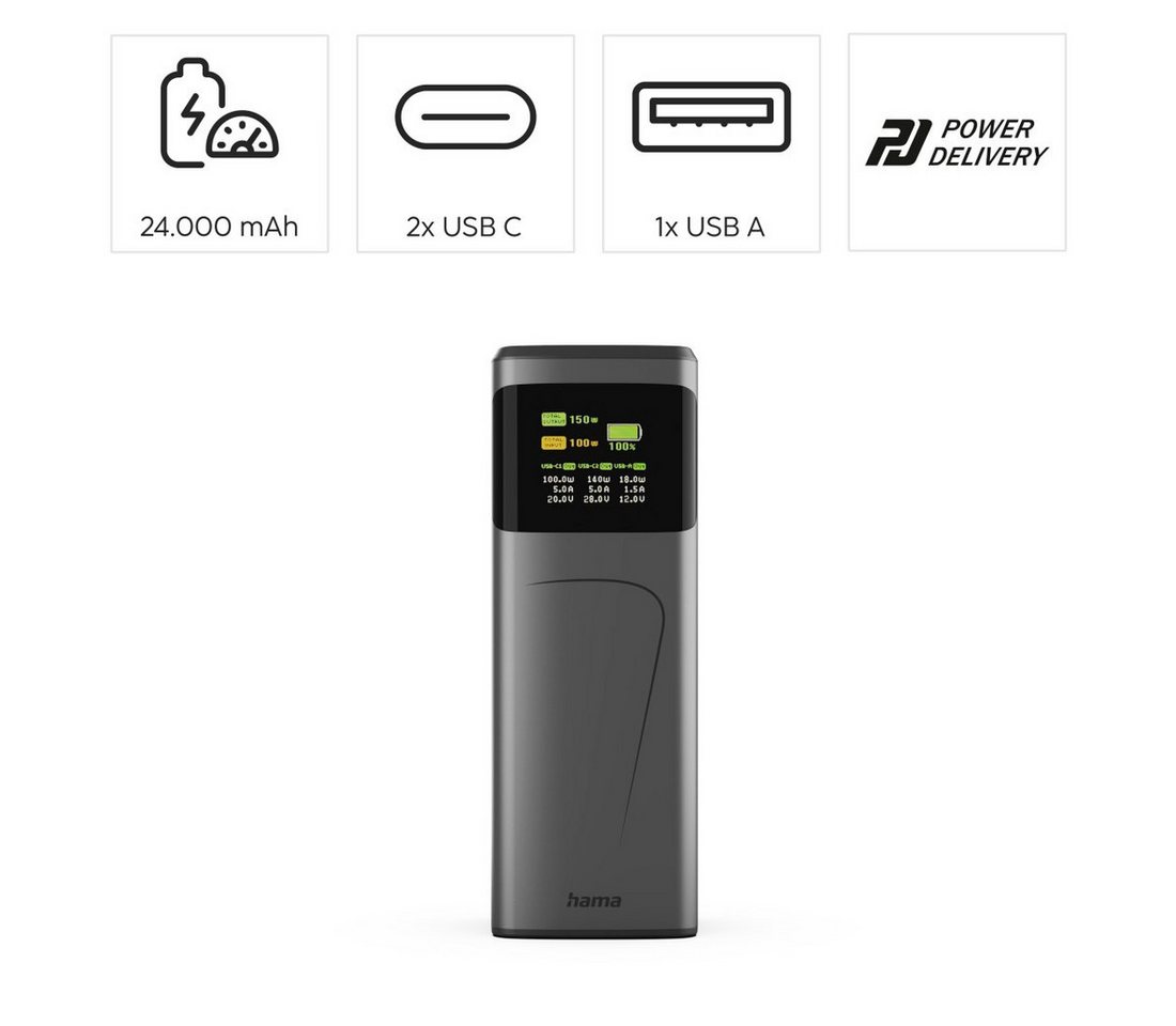 Hama Powerbank (150 W, 24000 mAh, 2x USB-C, 1x USB-A, Schnellladen) Powerbank – Bild 3 von 5