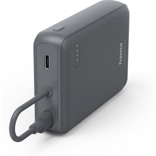 Hama Powerbank mit integriertem USB-C-Kabel, 10000 mAh, 2x USB-C, grau Powerbank, integriertes Kabel, Fast Charge, LED-Kapazitätsanzeige, akkuschonend