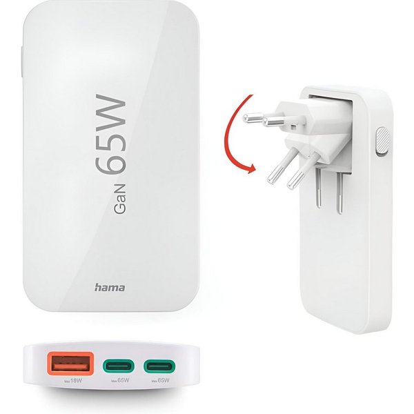 Hama Schnellladegerät mehrfach (GaN, 2x USB-C, 1x USB-A, flach, PD/QC, 65W) Schnelllade-Gerät