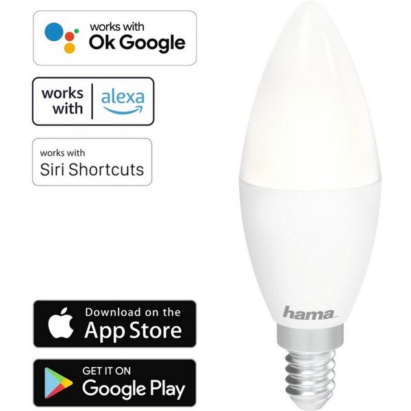 Hama Smarte LED-Leuchte WLAN LED-Lampe E14 5,5W 40W Kerze Dimmbar, Hohe Kompatibilität Smarte Lichtsteuerung, LED, Weiß, WiFi Smart Home Amazon Alexa Google Ass