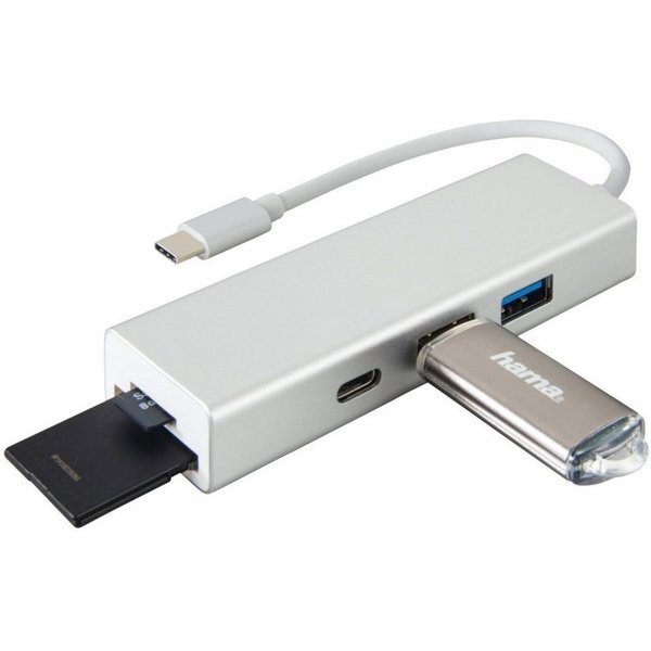 Hama USB-Verteiler USB-C USB-Hub 1:3 Kartenleser USB Adapter, SuperSpeed USB Type-C 3.1, Card-Reader für SD / MicroSD USB-Verteiler