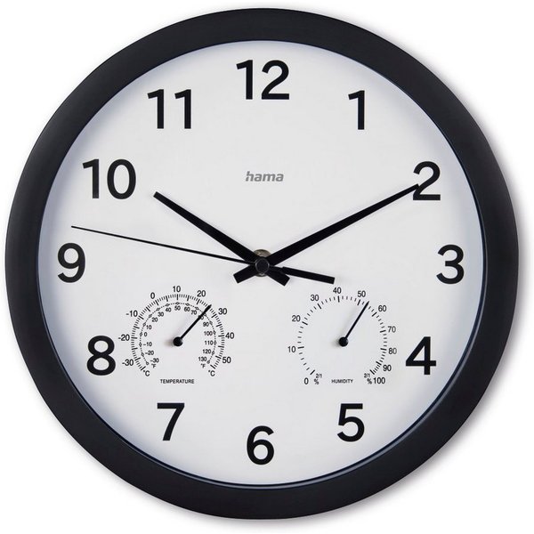 Hama Wanduhr Wanduhr "Malta", Ø 25 cm, ohne Ticken, Schwarz (geräuscharm, mit Thermo-/Hygrometer)