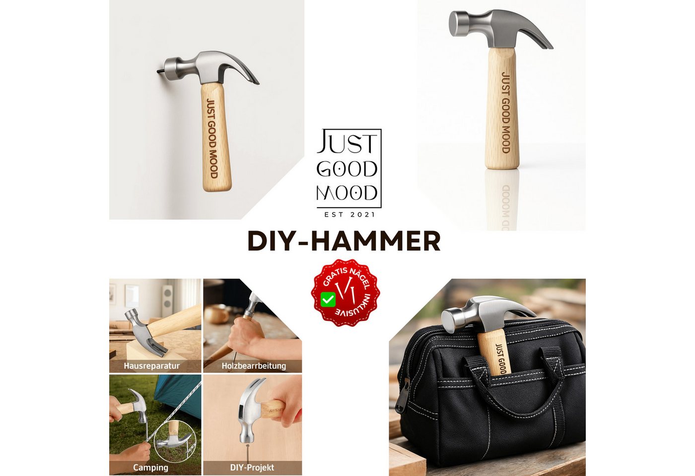JUSTGOODMOOD Hammer JUSTGOODMOOD Mini Hammer Stahlhammerkopf Echtholzgriff Kompakt Robust (1-St) – Bild 2 von 5