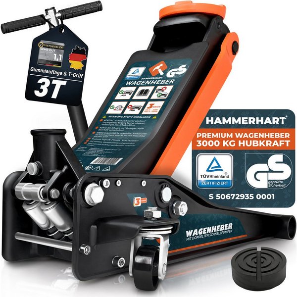 HAMMERHART Wagenheber Hydraulischer Wagenheber 3T, TÜV geprüft, 75–505 mm, max. Hubhöhe: 50,5 cm, Premium Wagenheber für alle PKWs bis 3 Tonnen, Premium Wagenhe