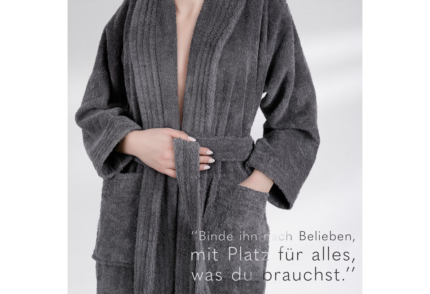 HAMMETEX Damenbademantel Ren, 100% Baumwolle, Langform, Baumwolle, Schalkragen, Gürtel, 380 g/m² Frottee Bademantel mit Taschen – Saugfähig & Weich – Bild 4 von 5