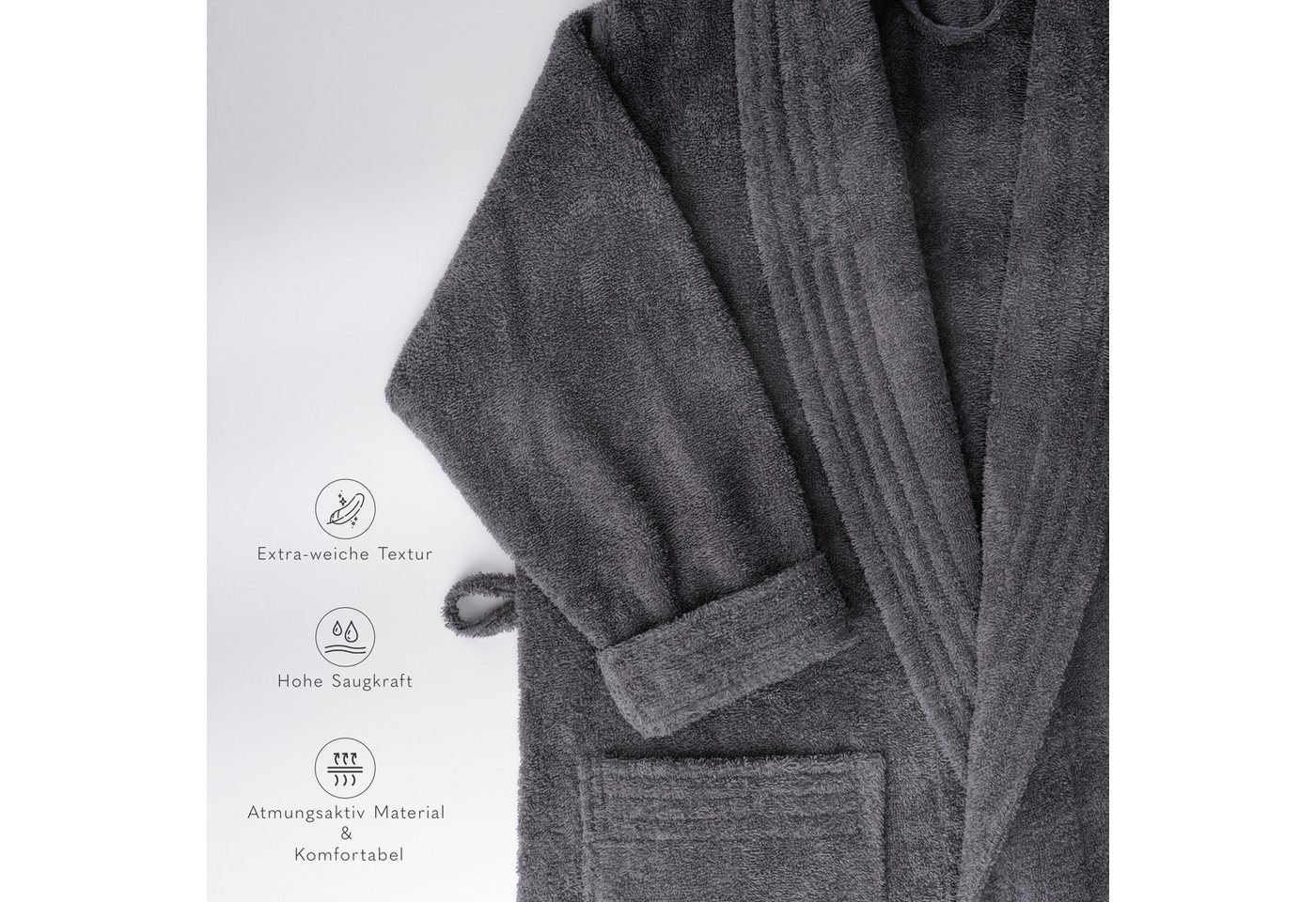 HAMMETEX Damenbademantel Ren, 100% Baumwolle, Langform, Baumwolle, Schalkragen, Gürtel, 380 g/m² Frottee Bademantel mit Taschen – Saugfähig & Weich – Bild 5 von 5