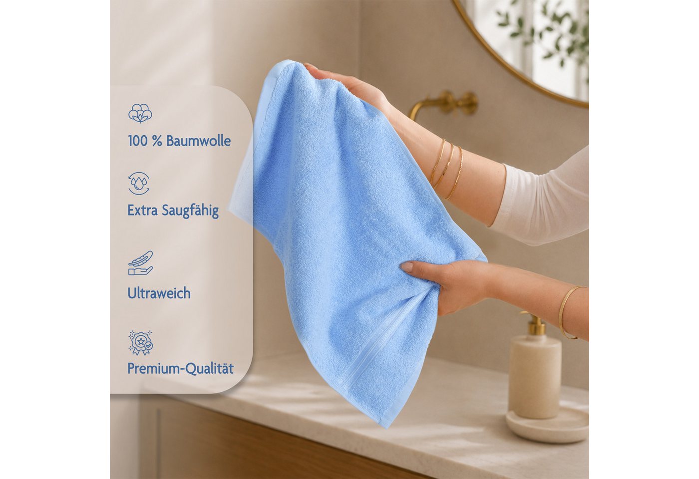 HAMMETEX Gästehandtücher 5er Set, 30x50 cm, weich & saugstark, 100% Baumwolle, Frottier (5-St), mit Bordüre, einfarbig, Schlaufe, 100% Baumwolle Frottee – Bild 5 von 5