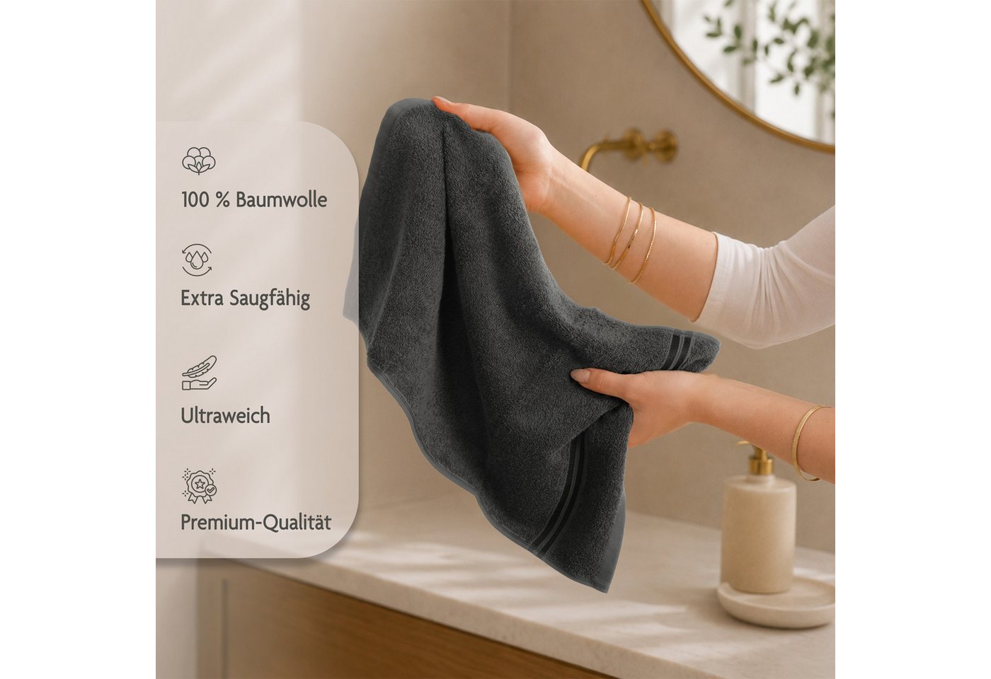 HAMMETEX Gästehandtücher 5er Set, 30x50 cm, weich & saugstark, 100% Baumwolle, Frottier (5-St), mit Bordüre, einfarbig, Schlaufe, 100% Baumwolle Frottee – Bild 5 von 5