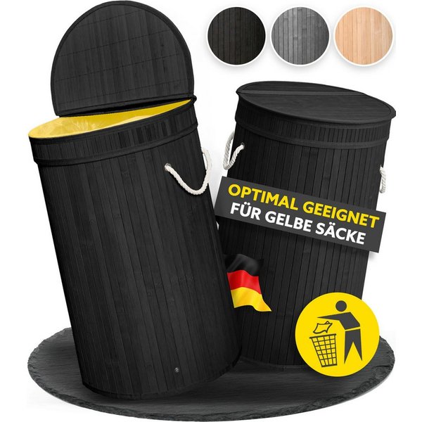 HANDFILL Flaschensammler Wäschekorb, Pfandflaschensammler & für Gelbe Säcke Rund Bambus 55L (Mehrzweck Bambusständer Set für Gelbe Säcke, Pfandflaschen & Wäsche