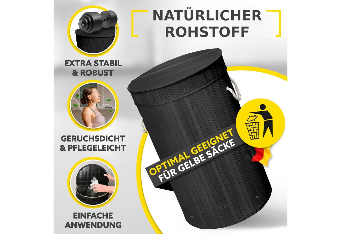 HANDFILL Flaschensammler Wäschekorb, Pfandflaschensammler & für Gelbe Säcke Rund Bambus 55L (Mehrzweck Bambusständer Set für Gelbe Säcke, Pfandflaschen & Wäsche – Bild 2 von 5