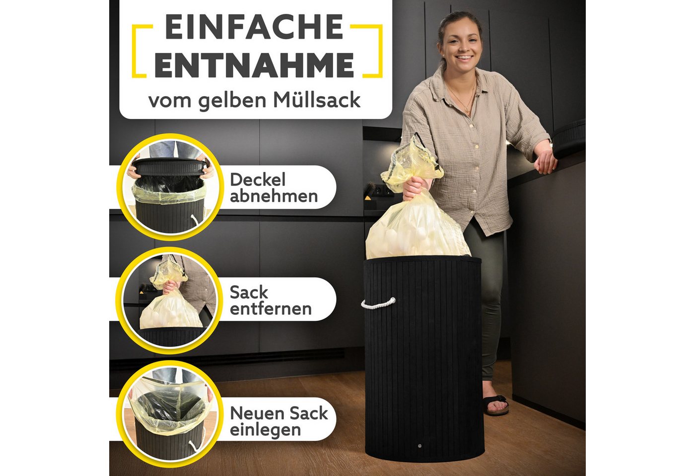 HANDFILL Flaschensammler Wäschekorb, Pfandflaschensammler & für Gelbe Säcke Rund Bambus 55L (Mehrzweck Bambusständer Set für Gelbe Säcke, Pfandflaschen & Wäsche – Bild 3 von 5