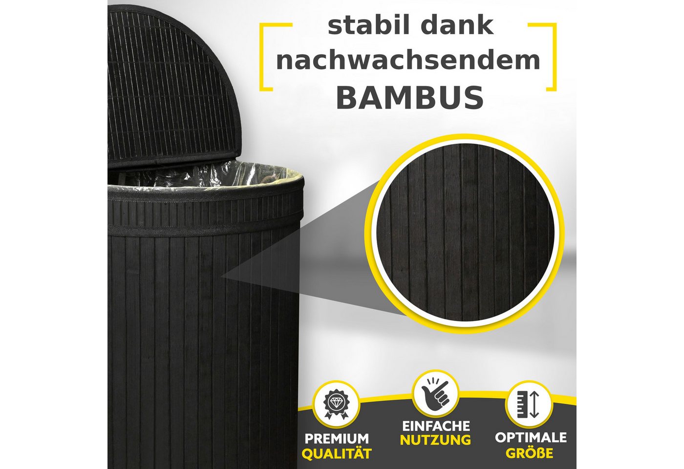 HANDFILL Flaschensammler Wäschekorb, Pfandflaschensammler & für Gelbe Säcke Rund Bambus 55L (Mehrzweck Bambusständer Set für Gelbe Säcke, Pfandflaschen & Wäsche – Bild 5 von 5