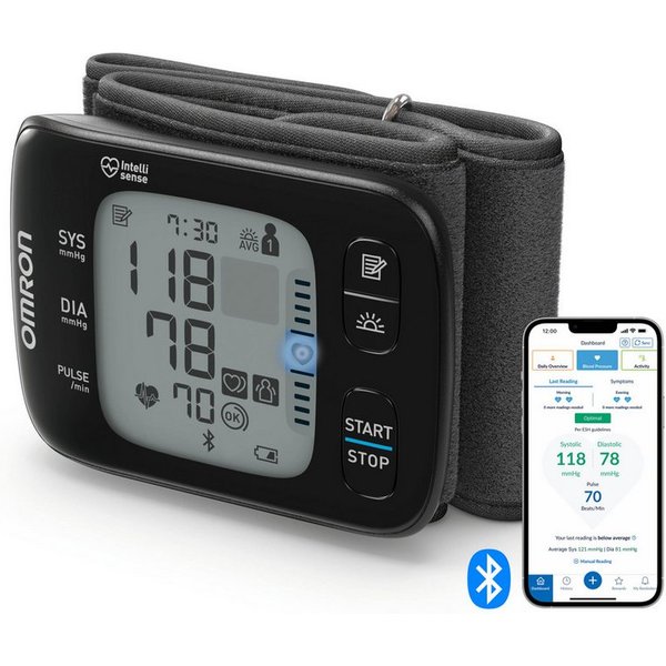 Omron Handgelenk-Blutdruckmessgerät OMRON RS7 Intelli IT, lautlose Messung, mit kostenloser App, 2 Nutzer, klinisch validiert – auch bei Übergewicht, mit Positi