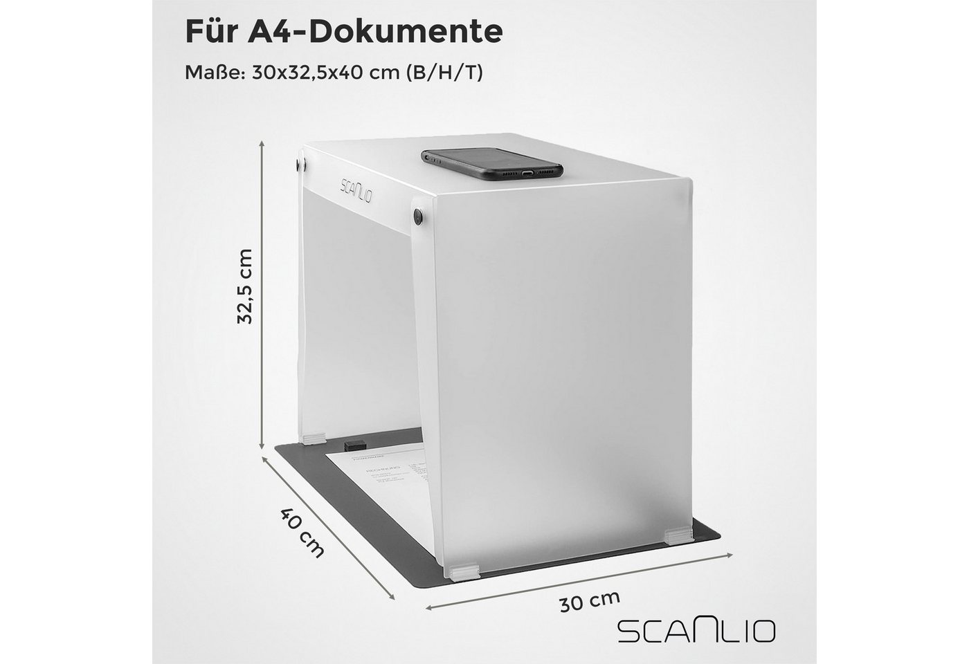 scanlio Handy-Halterung SCANLIO Pro Scanbox, Faltbare Handy Scanner Halterung, (mit Grundplatte, Abstandshalter, Anleitung, 1-tlg., Smartphone Scanbox) – Bild 3 von 5