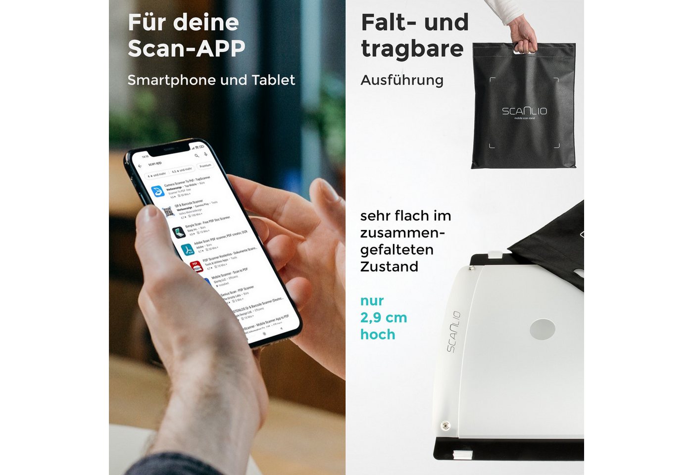 scanlio Handy-Halterung SCANLIO Pro Scanbox, Faltbare Handy Scanner Halterung, (mit Grundplatte, Abstandshalter, Anleitung, 1-tlg., Smartphone Scanbox) – Bild 5 von 5