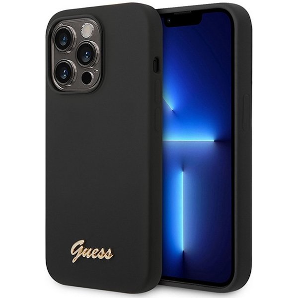 Guess Handyhülle Guess Apple iPhone 14 Pro Hard Case Silicone Vintage Gold Logo Schwarz