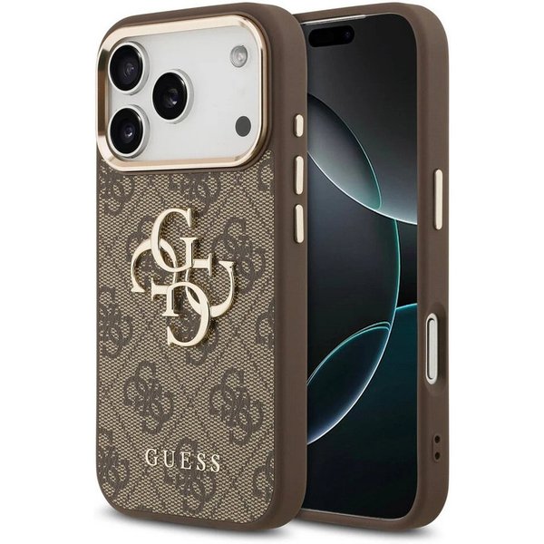 Guess Handyhülle GUESS Case für iPhone 17 Pro Max Metal Logo Gold Hülle Cover Braun