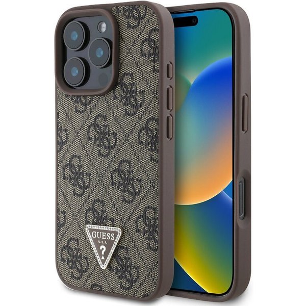 Guess Handyhülle GUESS Case iPhone 16 Pro Strass Triangle Logo Hülle Cover braun