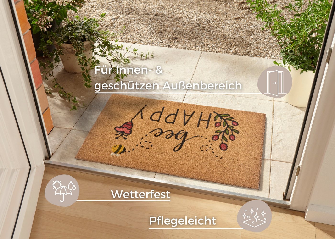HANSE Home Fußmatte Bee Happy, Türmatte, rechteckig, Höhe: 15 mm, Kokos, Schmutzfangmatte, Outdoor, Rutschfest, Innen, Kokosmatte, Flur – Bild 2 von 5