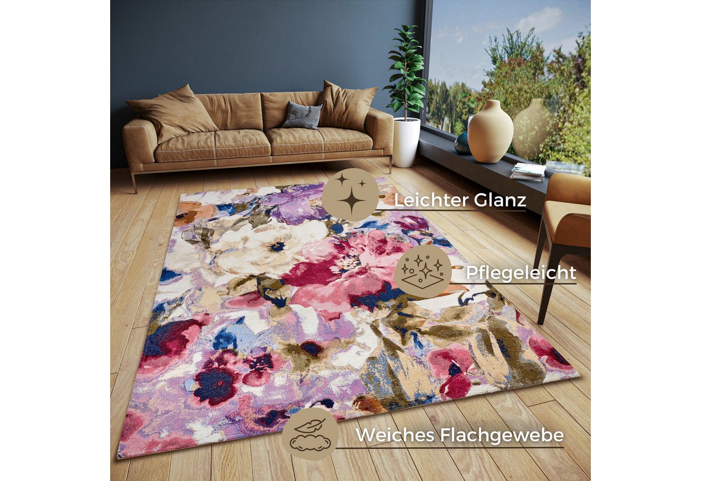 HANSE Home Teppich Atika, rechteckig, Höhe: 5 mm, Floral, Kurzflor, pflegeleicht, Anti-Slip, Glanz, Wohnzimmer – Bild 3 von 5