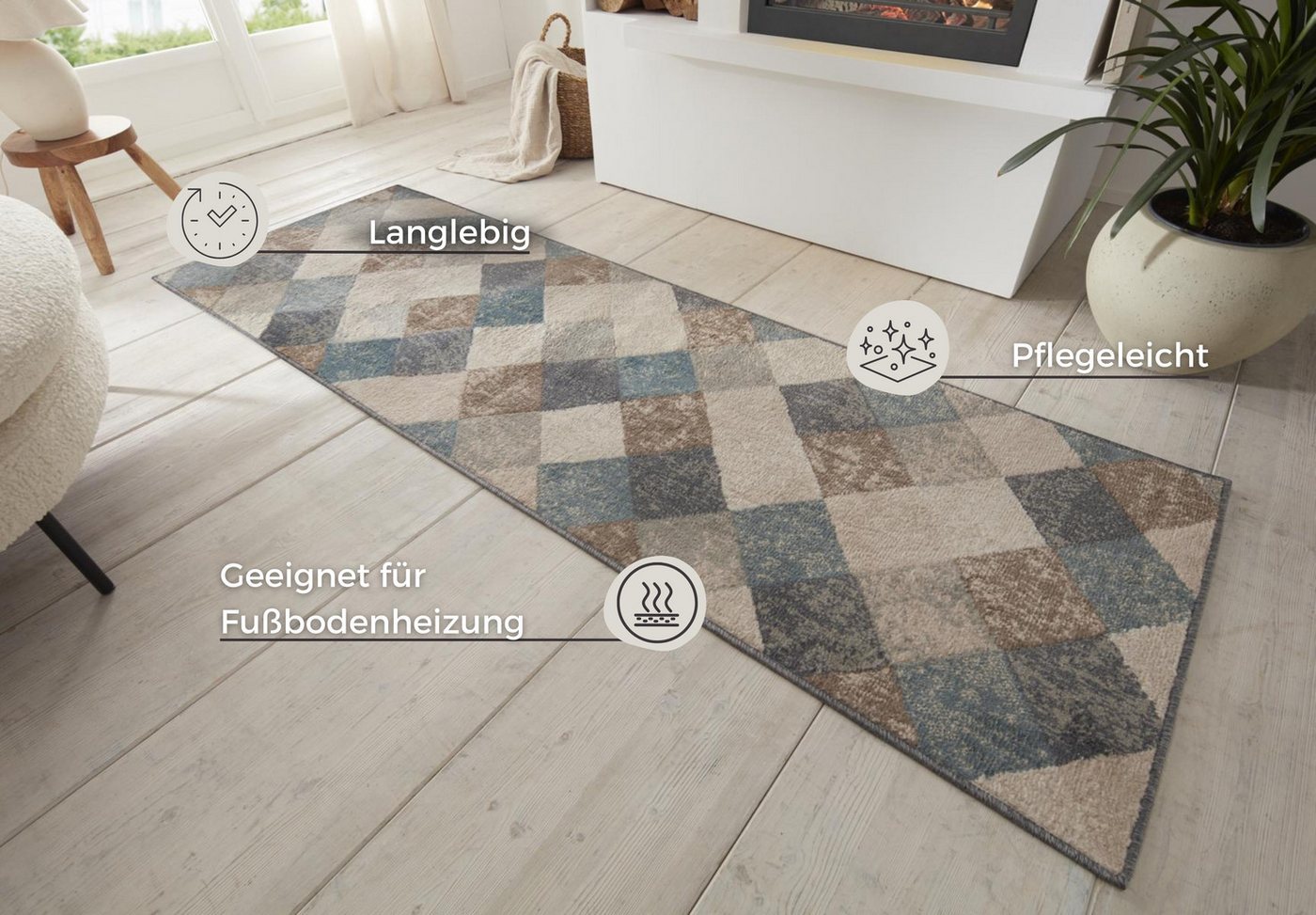 HANSE Home Teppich Bakke, rechteckig, Höhe: 8 mm, Kurzflor, Läufer, Rauten-Muster, Wohnzimmer, Schlafzimmer, Esszimmer – Bild 3 von 5