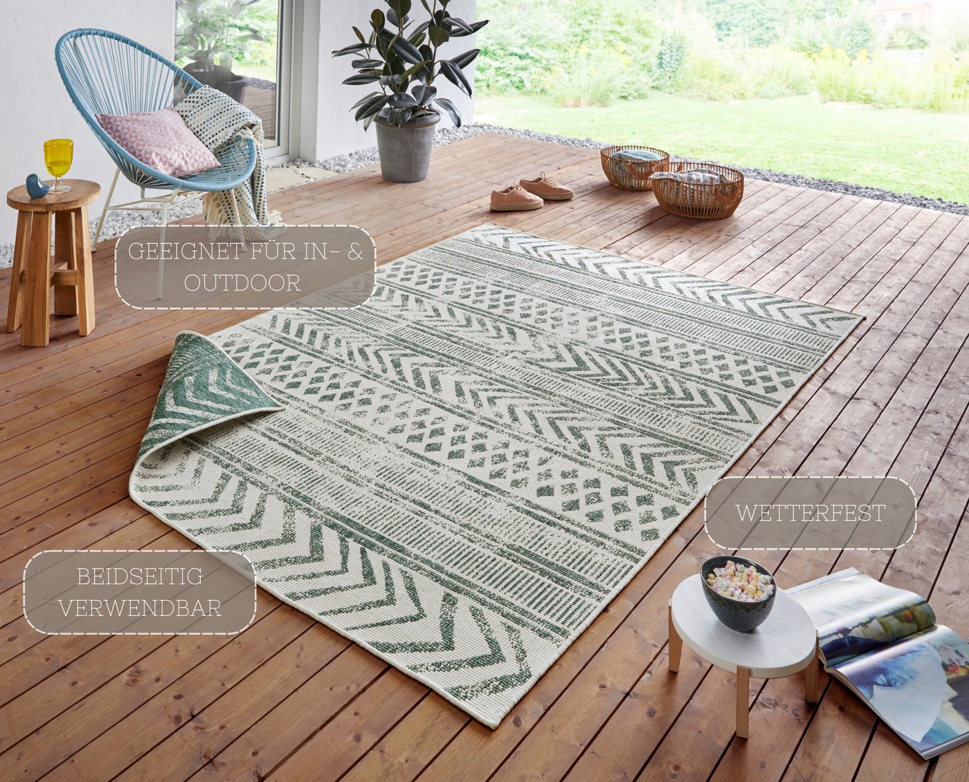 HANSE Home Teppich BIRI Wendeteppich, rechteckig, Höhe: 5 mm, In-& Outdoor, Wetterfest, Balkon, Läufer, Wohnzimmer, Wasserfest, Boho – Bild 3 von 5