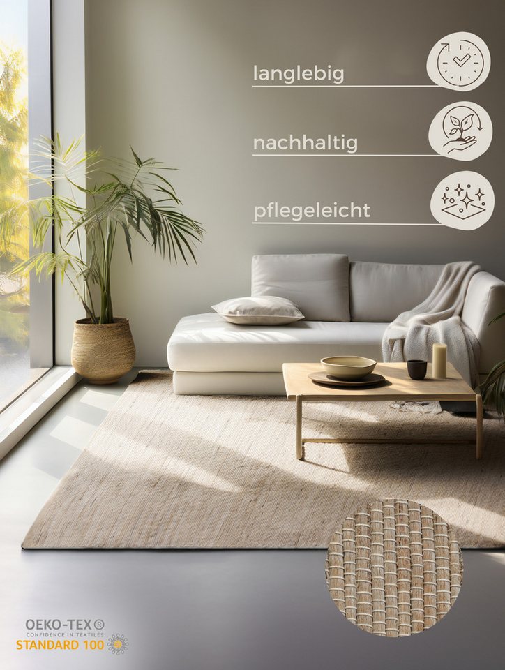 HANSE Home Teppich Dhaka Juteteppich, rechteckig, Höhe: 5 mm, Läufer, handgewebt, Jute, Wolle, Natur, Wohnzimmer, Flur, Klassisch – Bild 3 von 5