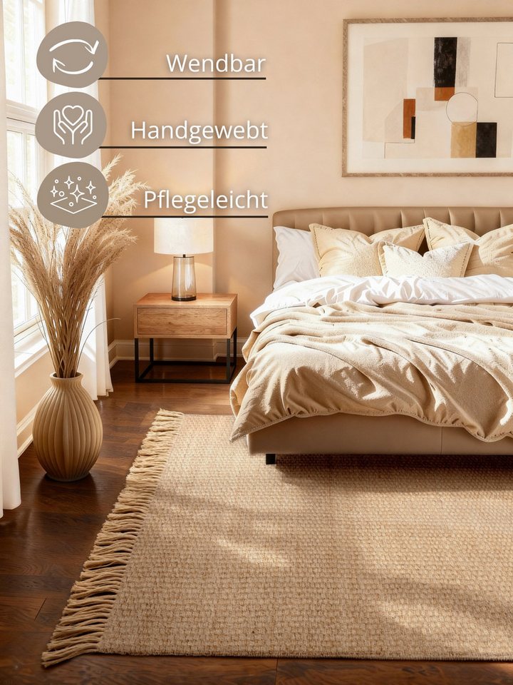 HANSE Home Teppich Fjord, rechteckig, Höhe: 10 mm, Jute, Handgemacht, Naturteppich, Wohnzimmer, Läufer, Fransen – Bild 3 von 5