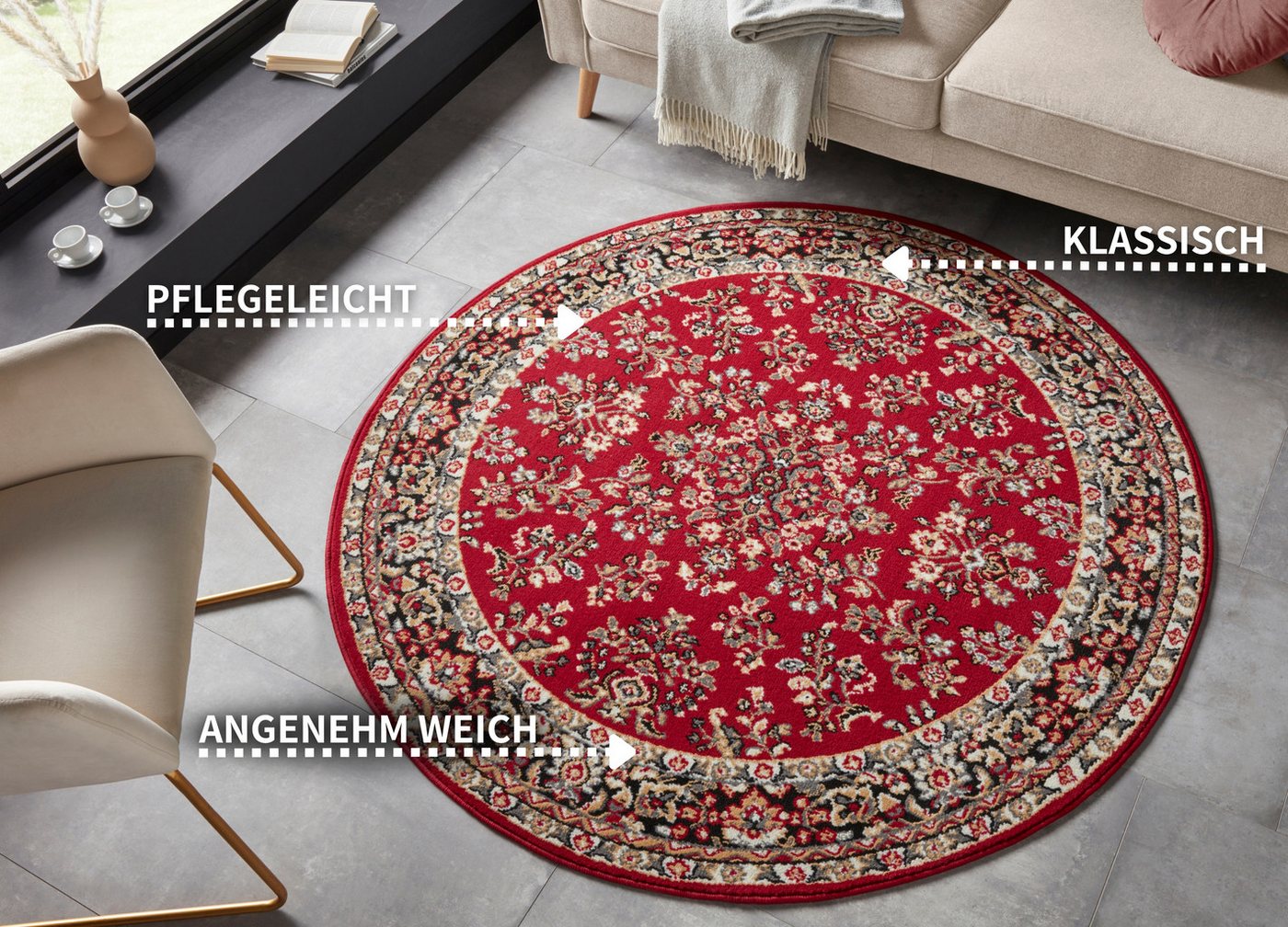 HANSE Home Teppich Halton, rund, Höhe: 8 mm, Kurzflor, Orient Optik, mit Bordüre, robust, pflegeleicht, gekettelt – Bild 3 von 5