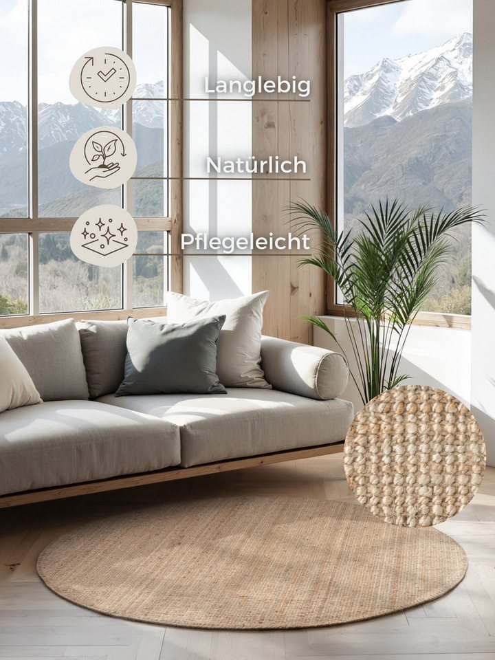 HANSE Home Teppich Jaipur Juteteppich, als Läufer und in Rund, rund, Höhe: 10 mm, 100% Naturfaser, Wohnzimmer, Esszimmer, Schlafzimmer, GRS – Bild 3 von 5