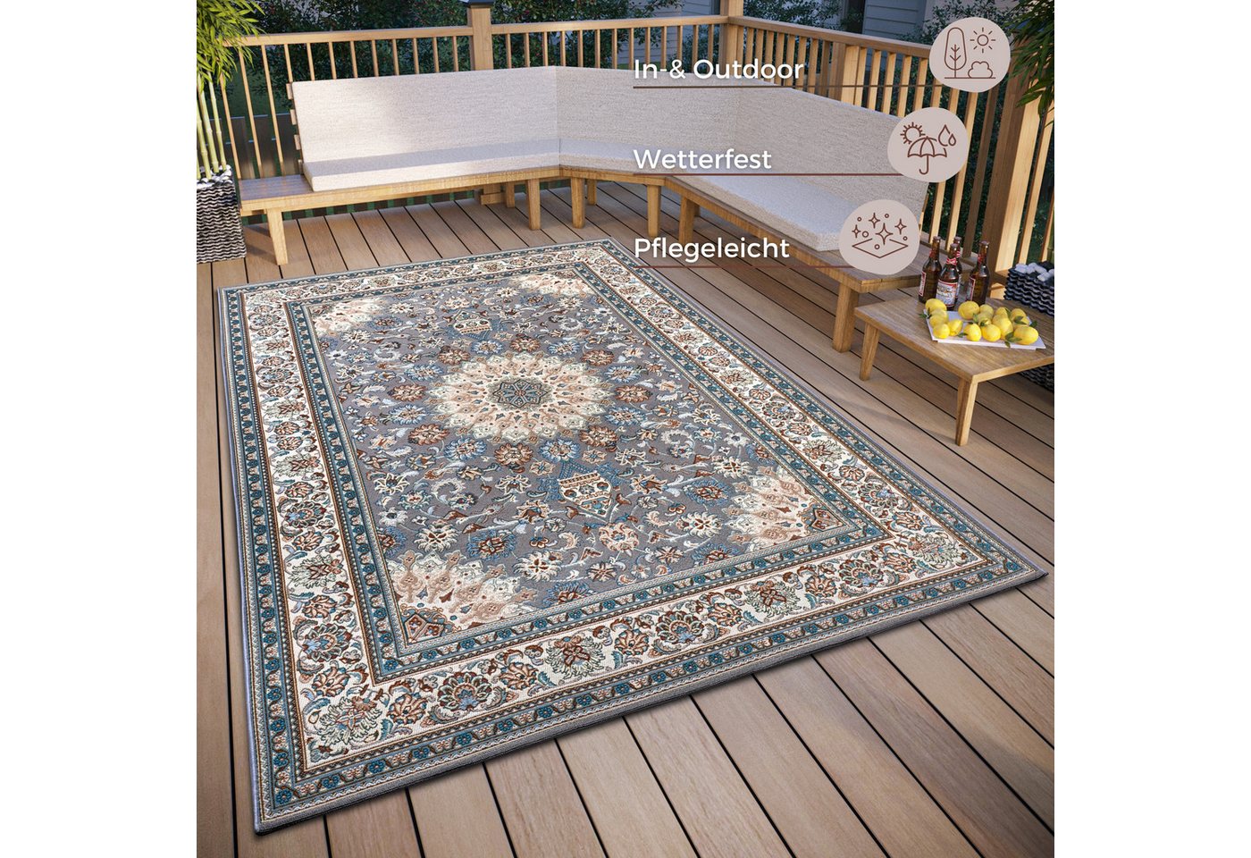 HANSE Home Teppich Kadi, rechteckig, Höhe: 3 mm, In-& Outdoor, Teppich, Wetterfest, Balkon, Garten, Wohnzimmer, Orient – Bild 3 von 5