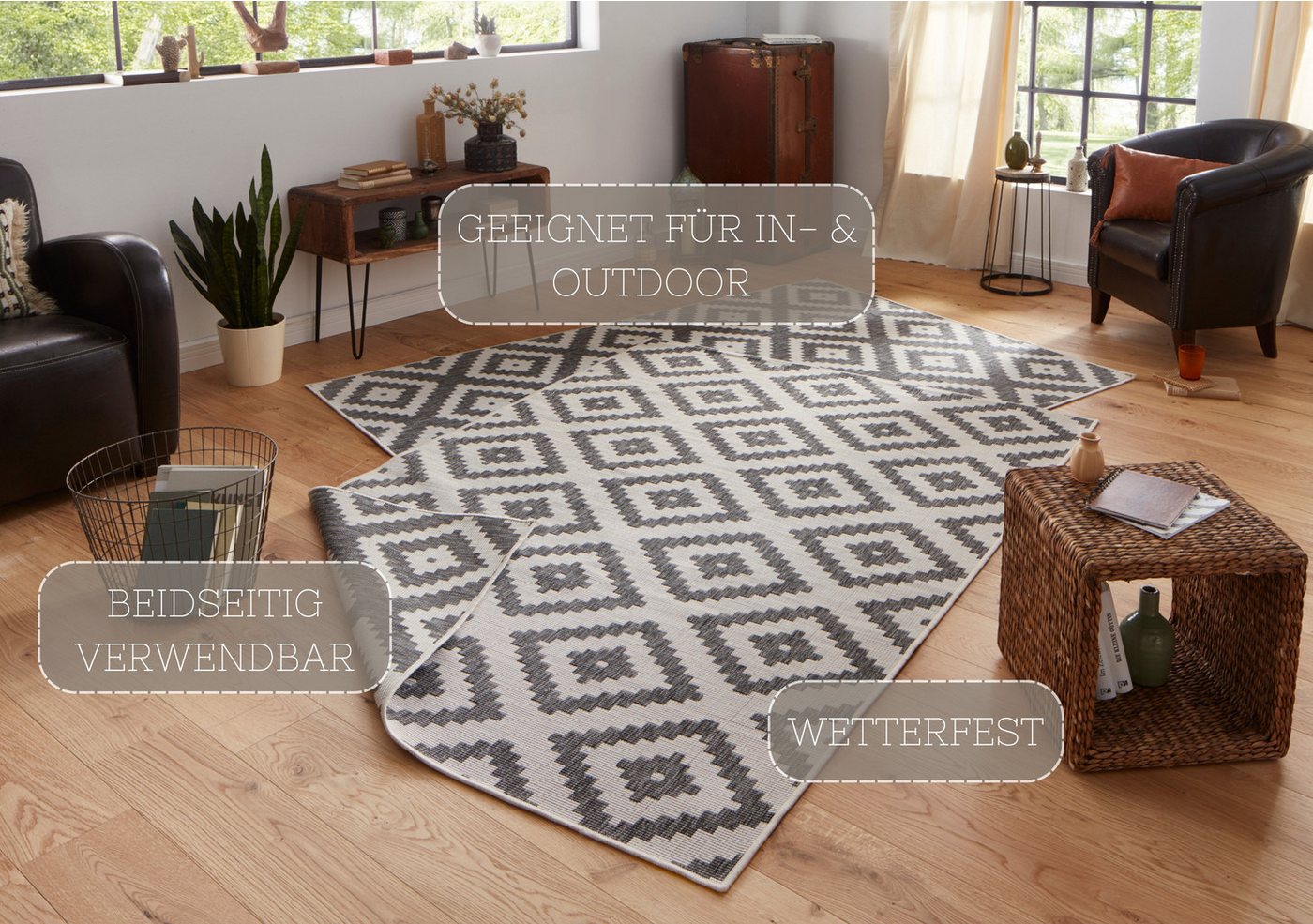 HANSE Home Teppich Malta Wendeteppich, rechteckig, Höhe: 5 mm, In-& Outdoor, Wetterfest, Balkon, Terrasse, Raute, Läufer, Wohnzimmer – Bild 3 von 5